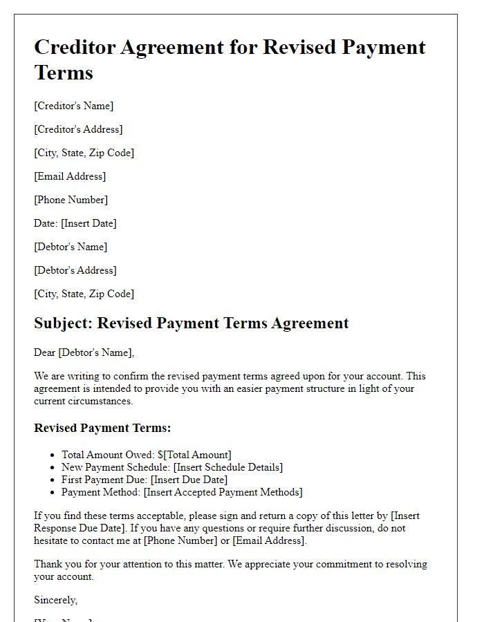 Letter template of creditor agreement for revised payment terms.