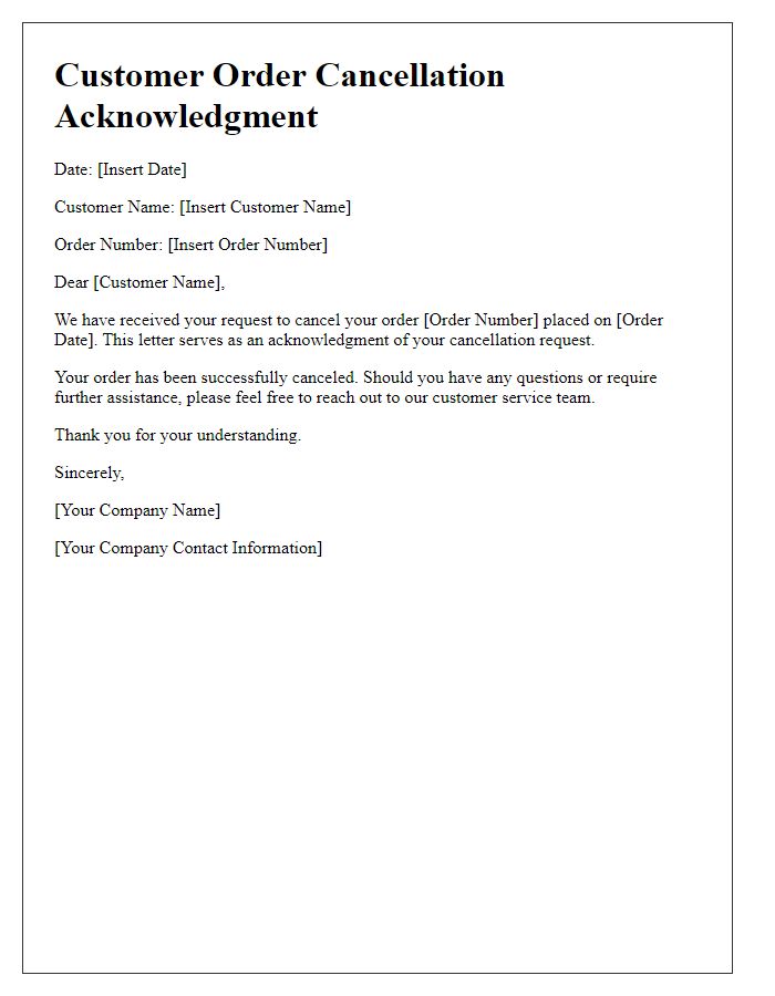 Letter template of Customer Order Cancellation Acknowledgment