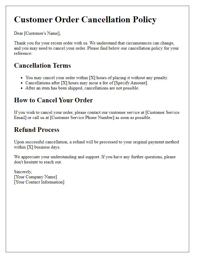 Letter template of Customer Order Cancellation Policy Explanation