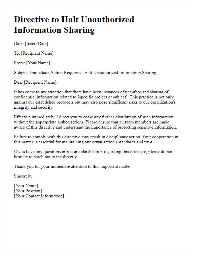 Letter template of directive to halt unauthorized information sharing.