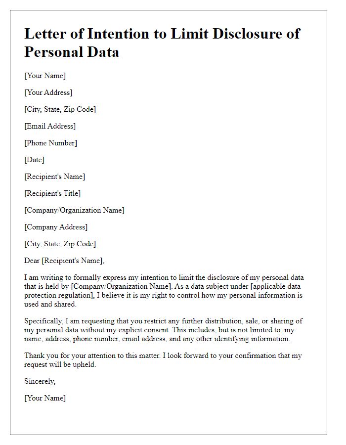 Letter template of intention to limit disclosure of personal data.