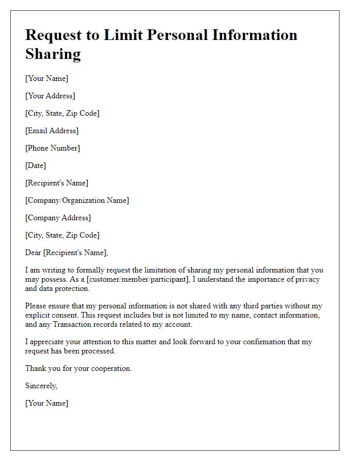 Letter template of request to limit personal information sharing.