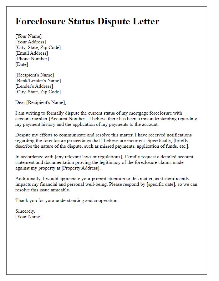 Letter template of foreclosure status dispute