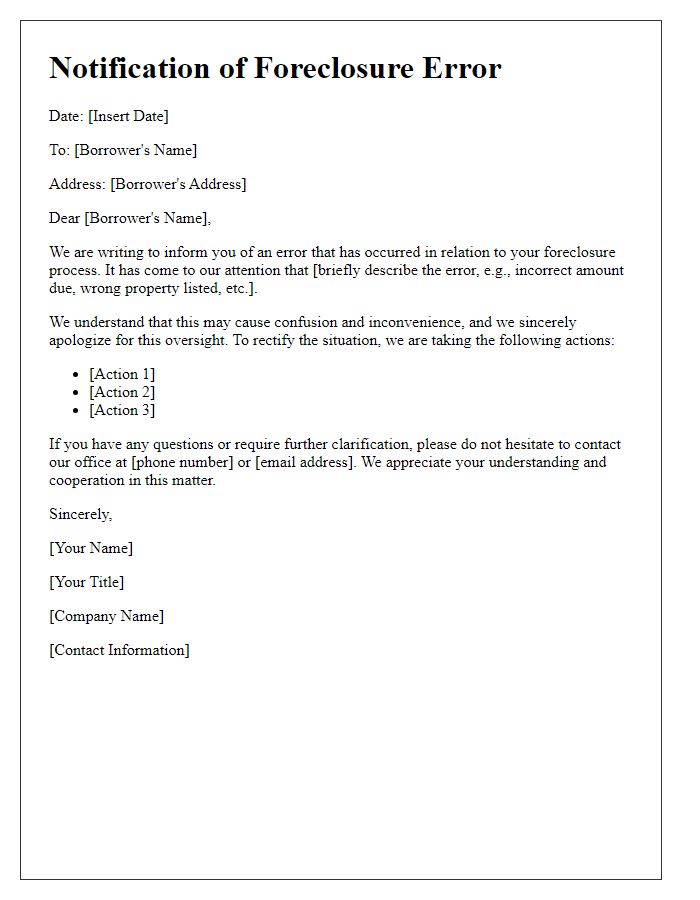 Letter template of notification for foreclosure error