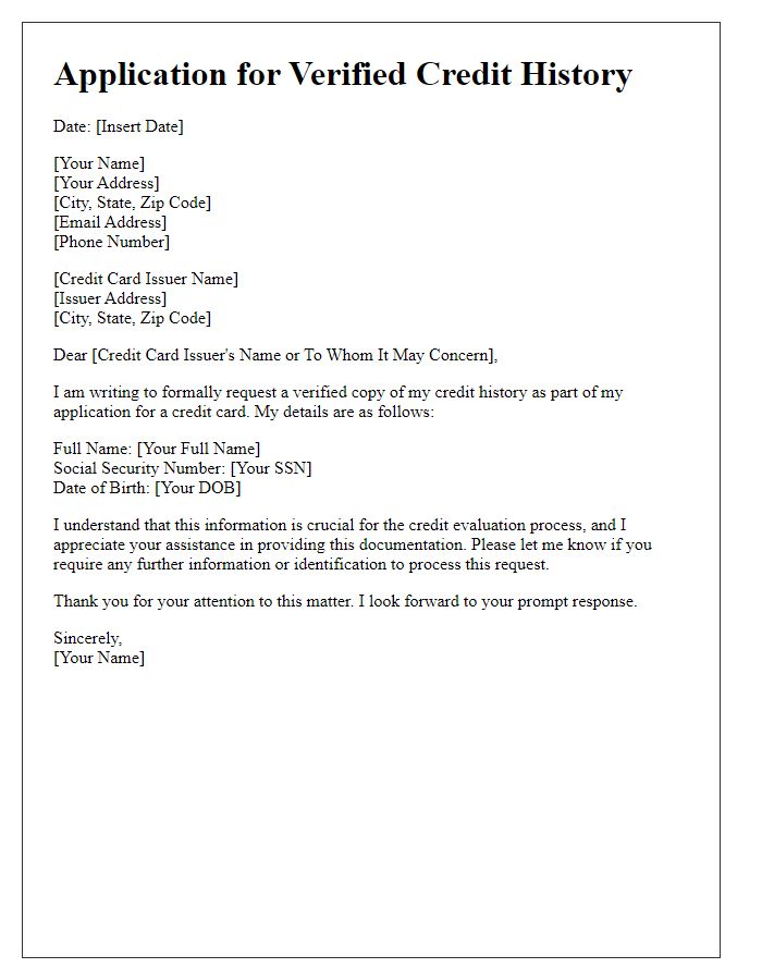 Letter template of application for verified credit history for credit card approval