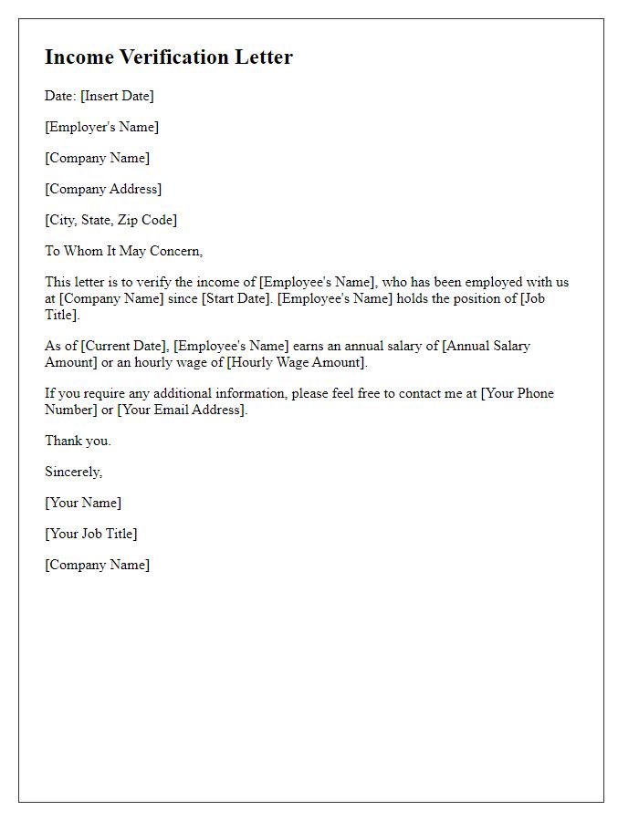 Letter template of income verification for employment purposes.