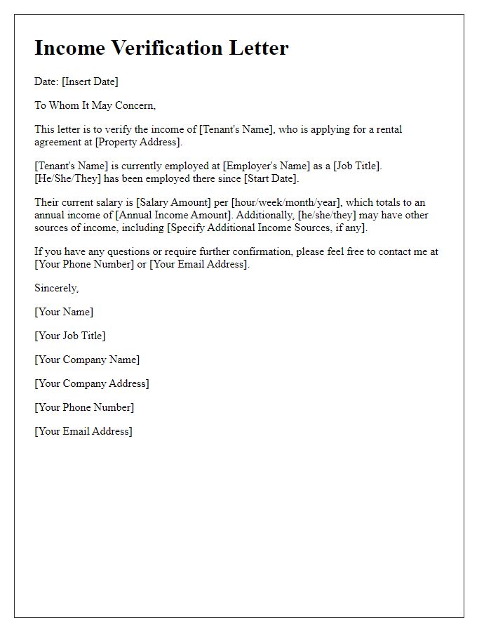 Letter template of income verification for rental agreement.