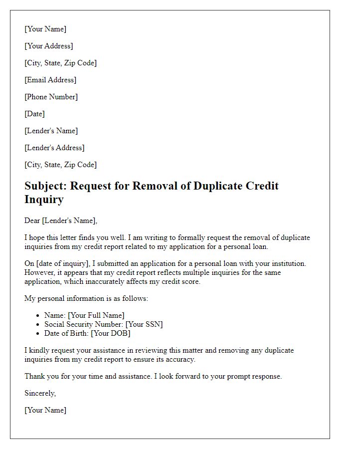 Letter template of duplicate inquiry removal request for personal loan approval