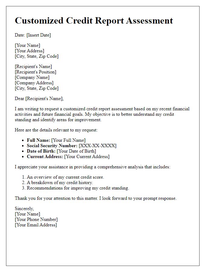 Letter template of customized credit report assessment