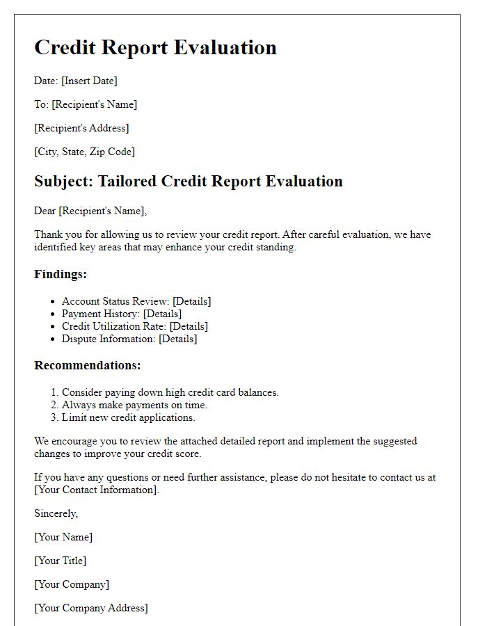 Letter template of tailored credit report evaluation