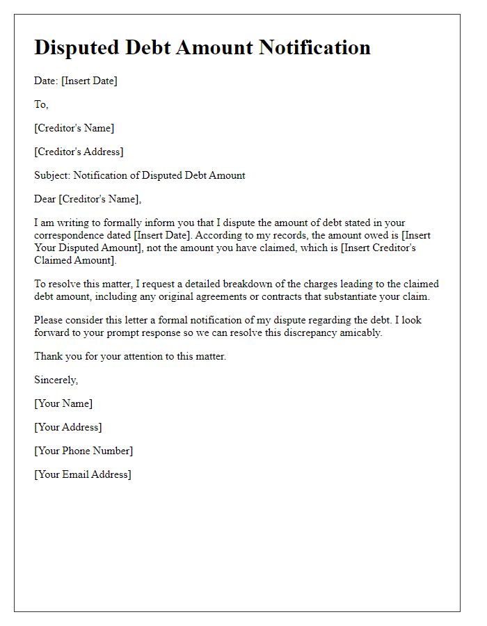 Letter template of disputed debt amount notification