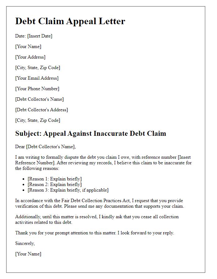 Letter template of inaccurate debt claim appeal