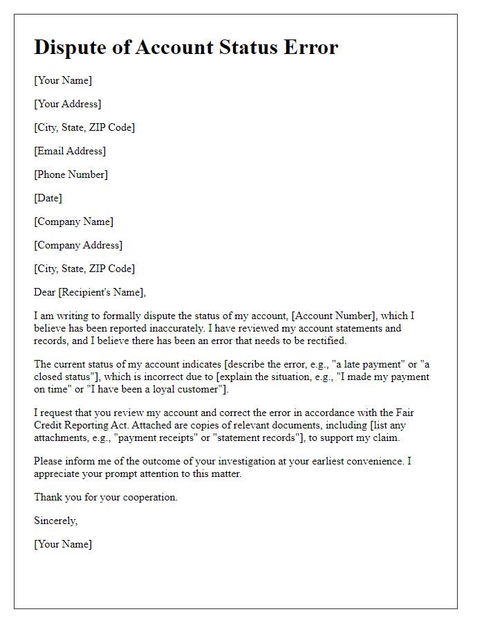 Letter template of disputing account status error