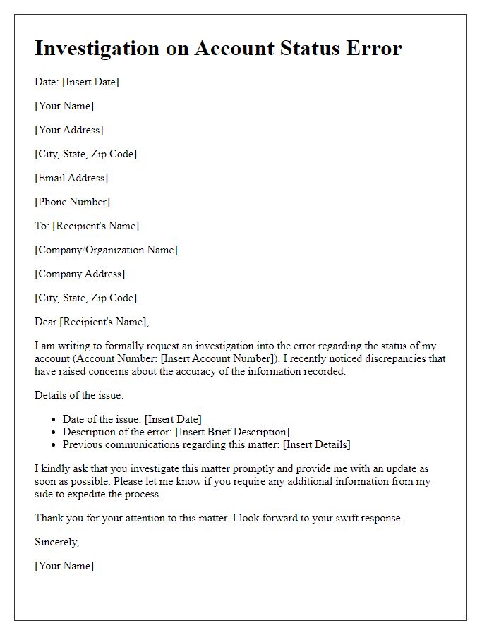 Letter template of investigation on account status error