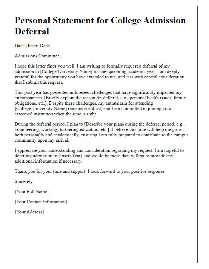 Letter template of college admission deferral personal statement