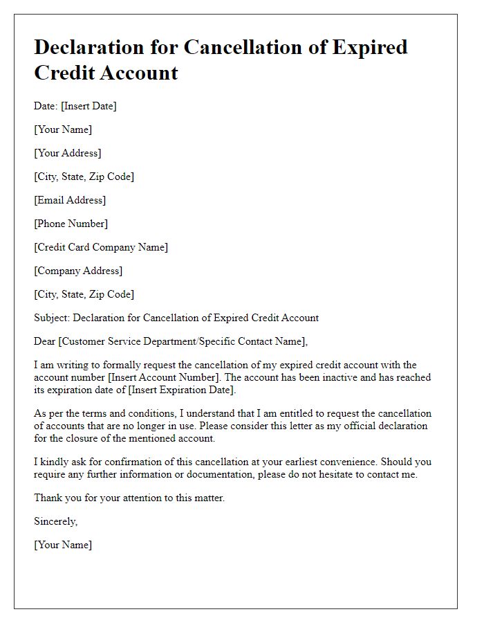 Letter template of declaration for cancellation of expired credit account