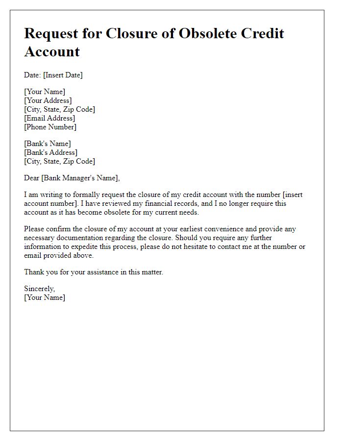 Letter template of formal closure request for obsolete credit account