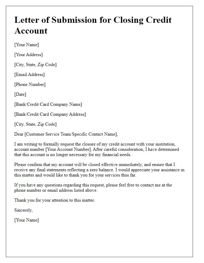 Letter template of submission for closing a redundant credit account