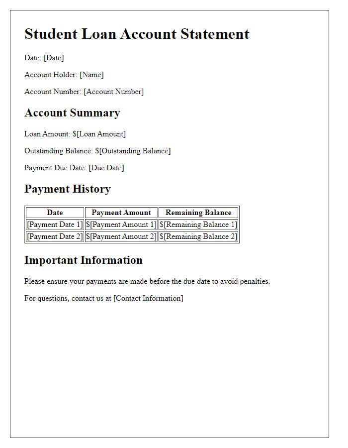 Letter template of student loan account statement