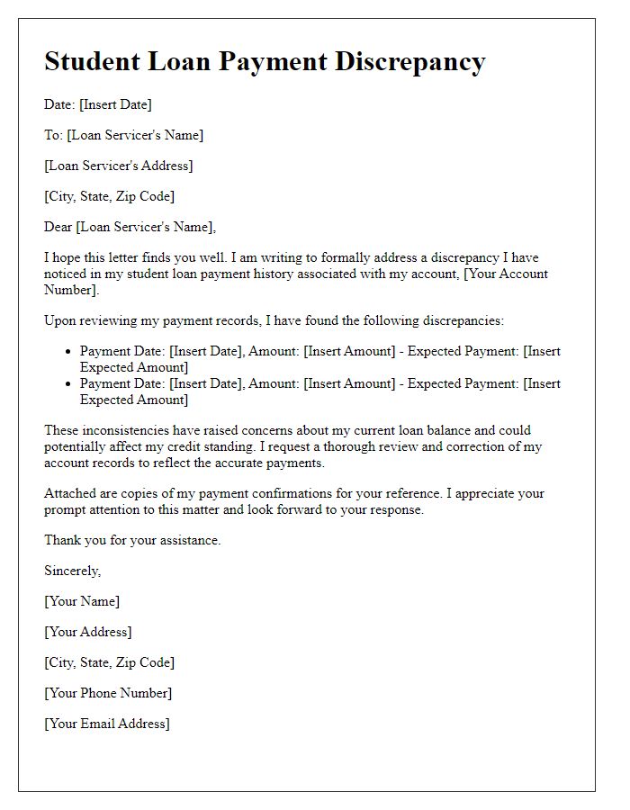 Letter template of student loan payment discrepancies