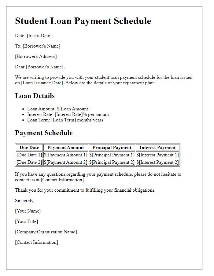 Letter template of student loan payment schedule