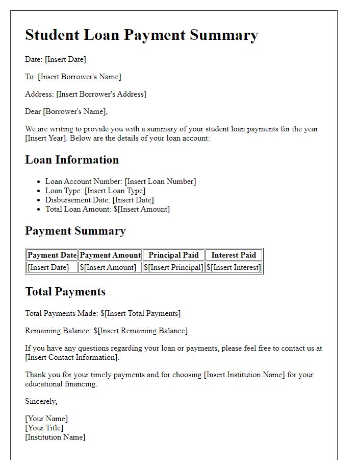 Letter template of student loan payment summary