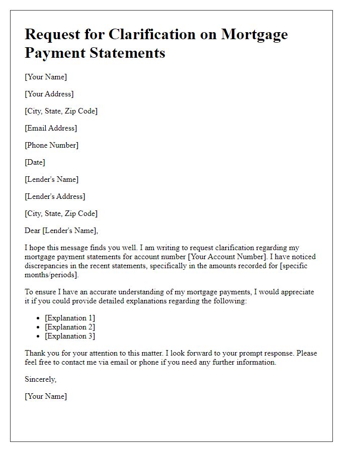 Letter template of clarification request for mortgage payment statements