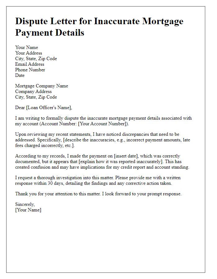 Letter template of dispute for inaccurate mortgage payment details