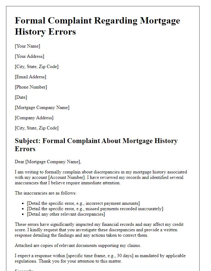 Letter template of formal complaint for mortgage history errors