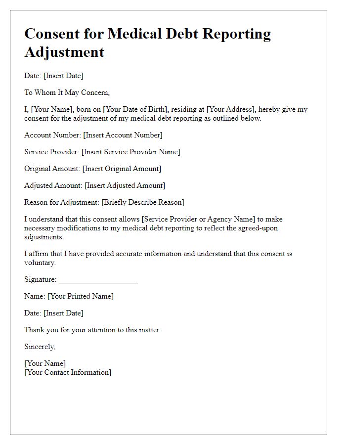 Letter template of consent for medical debt reporting adjustment