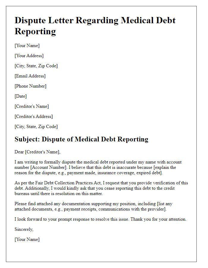 Letter template of formal dispute regarding medical debt reporting