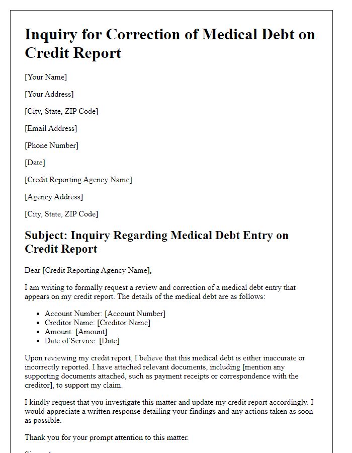 Letter template of inquiry for correcting medical debt on credit report