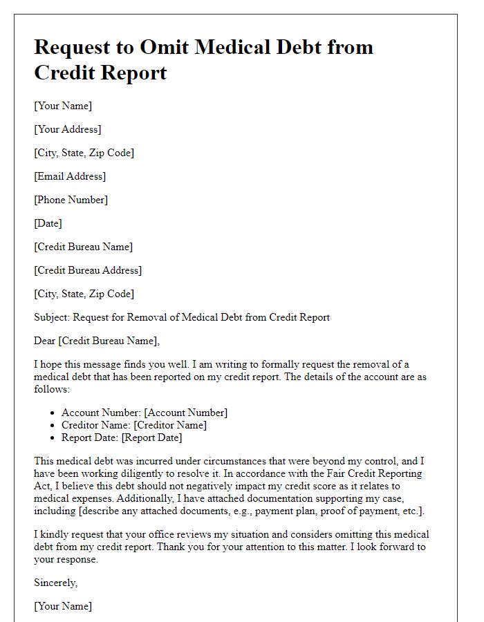 Letter template of request to omit medical debt from credit report