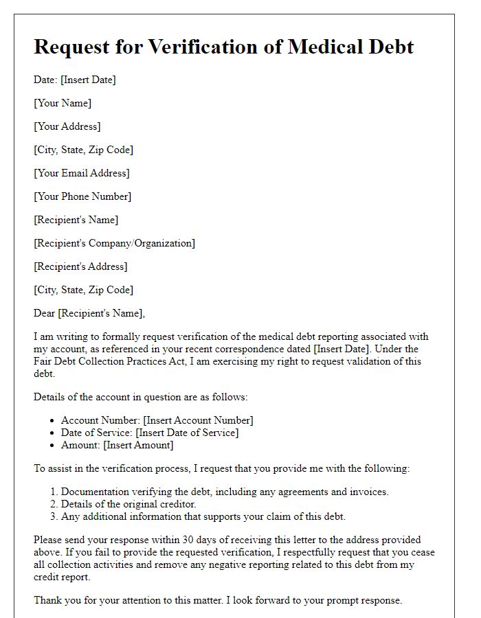 Letter template of request for verification of medical debt reporting