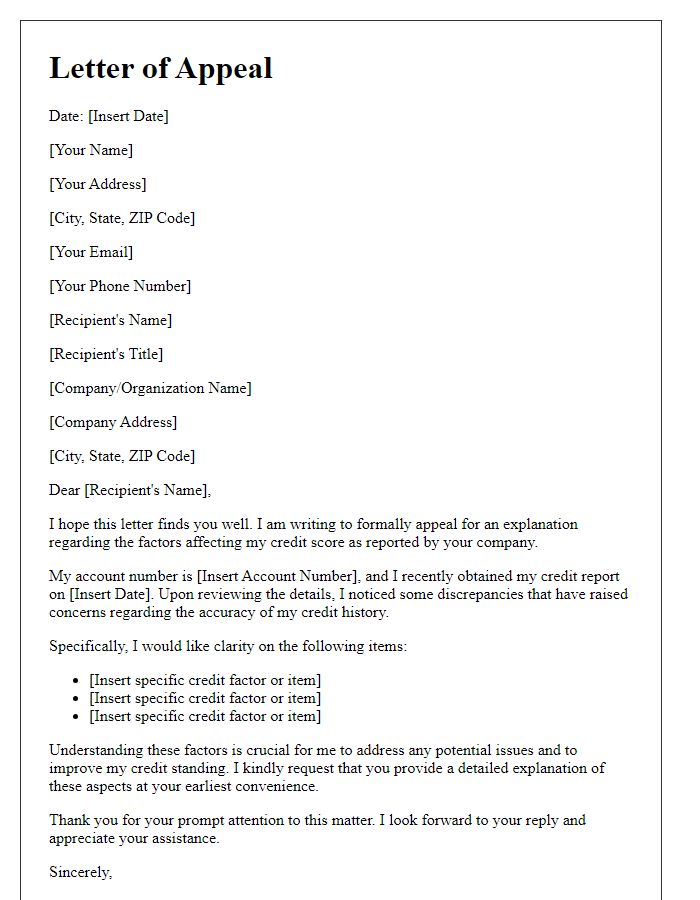 Letter template of appeal for an explanation of credit factors