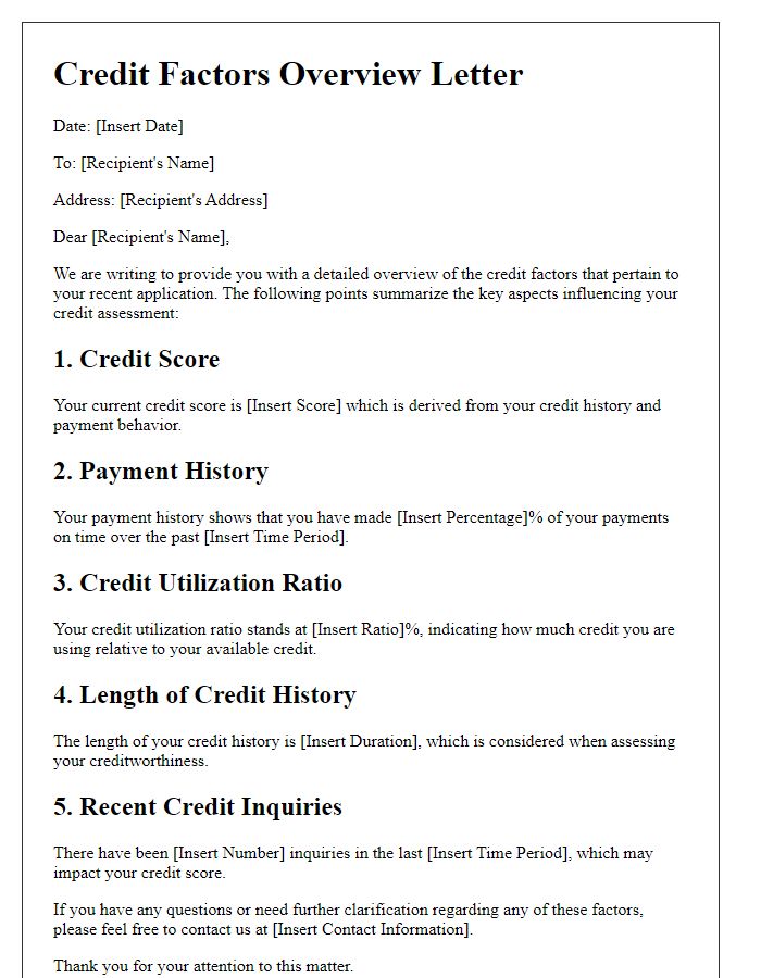 Letter template of correspondence for detailed overview of credit factors