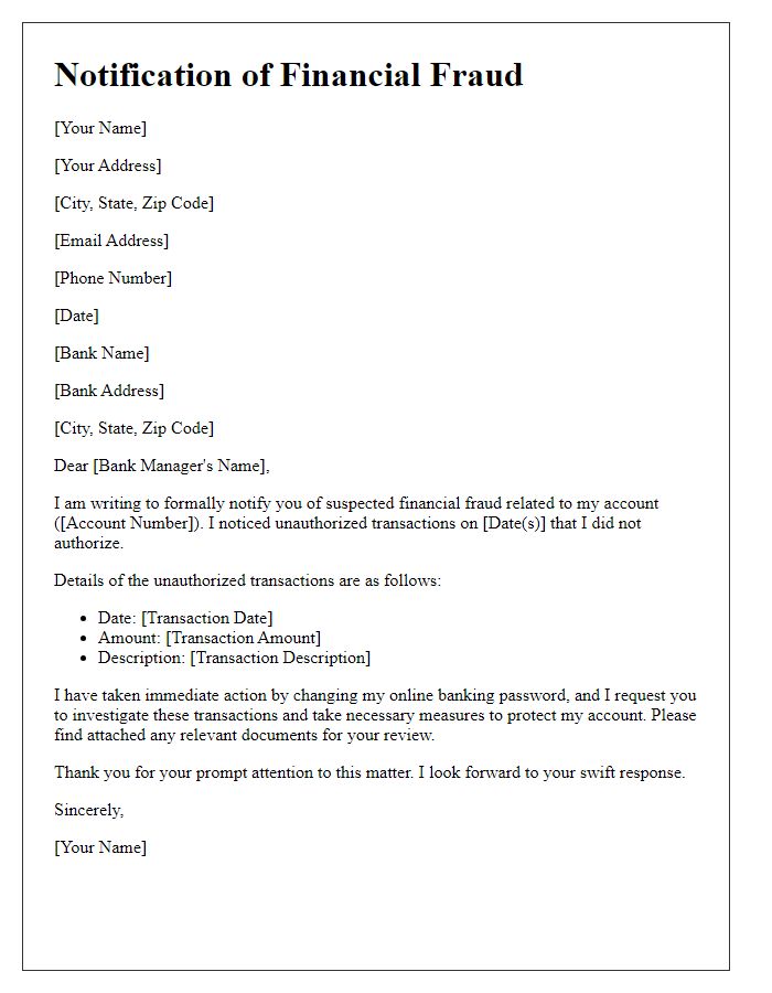 Letter template of notifying a bank about financial fraud