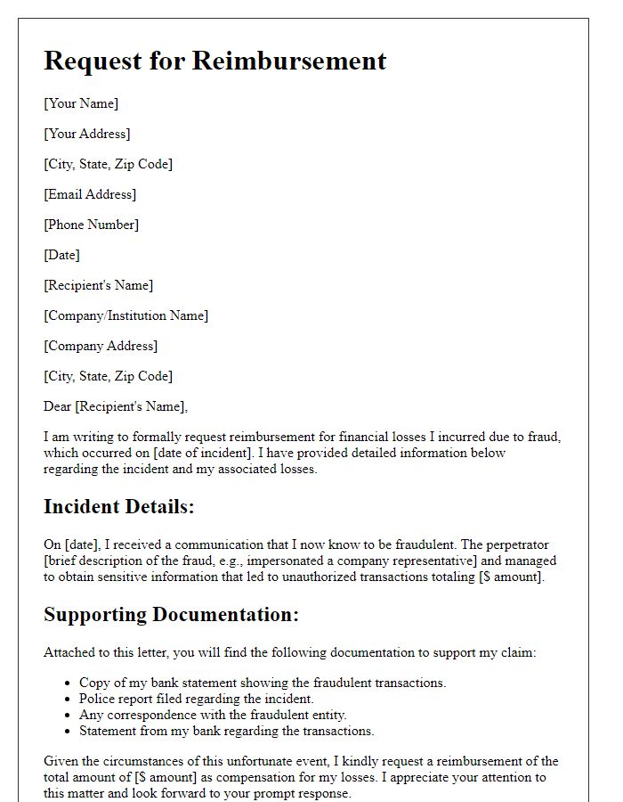 Letter template of requesting reimbursement for financial fraud losses