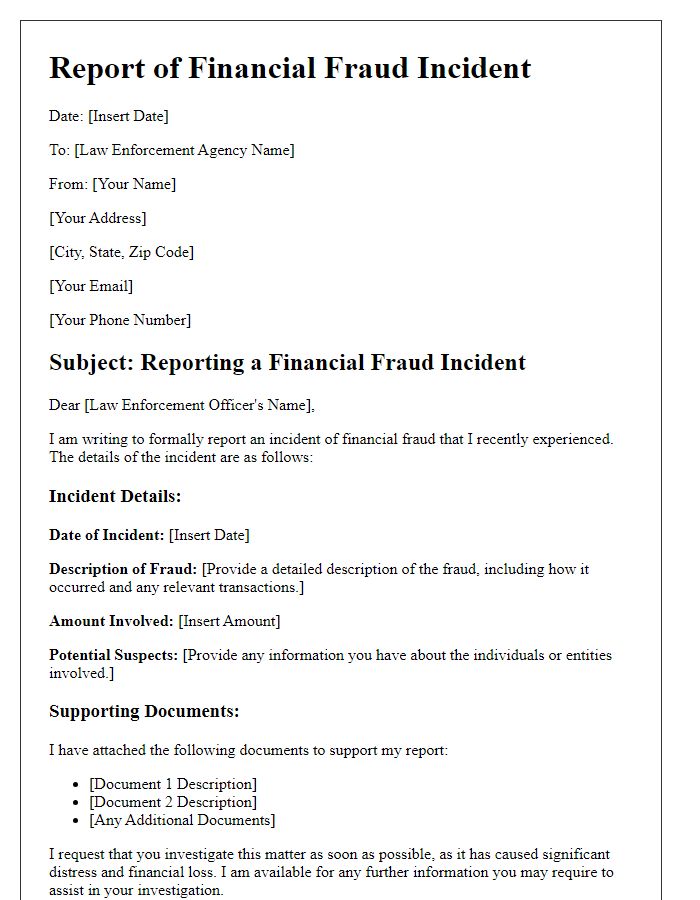 Letter template of sharing a financial fraud incident with law enforcement.