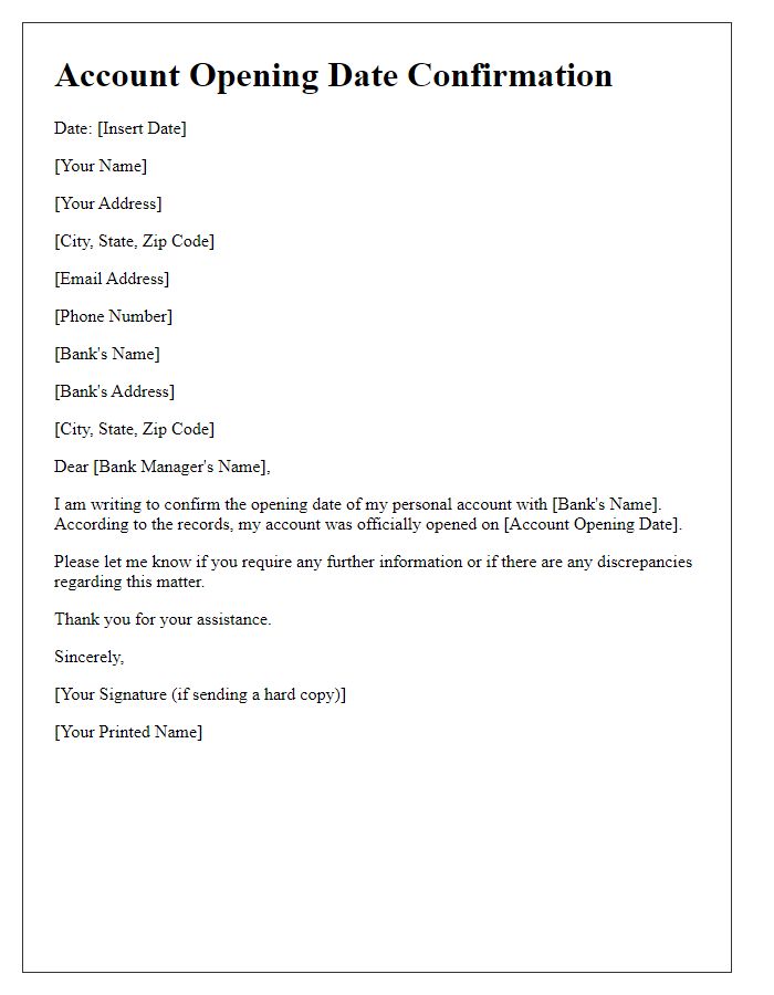 Letter template of account opening date confirmation for personal accounts