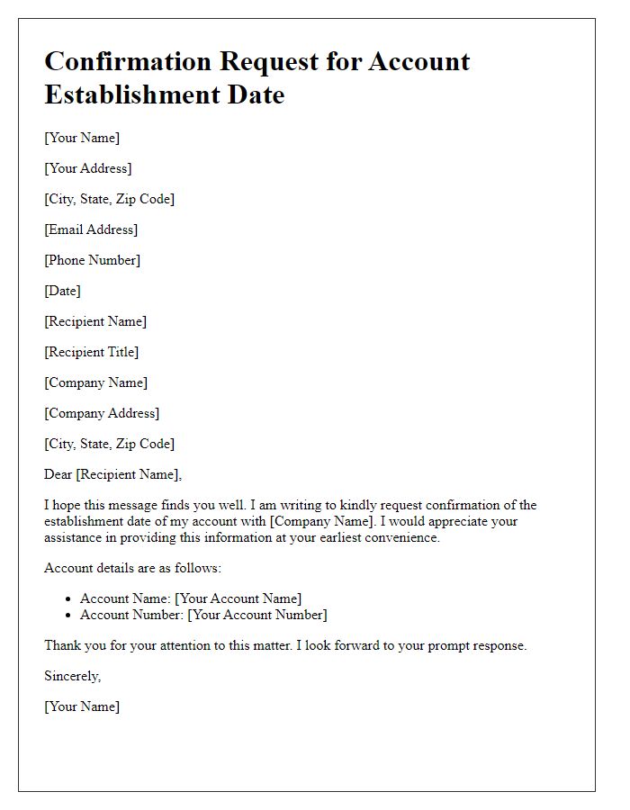 Letter template of confirmation request for account establishment date