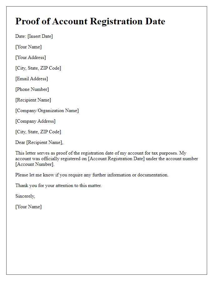 Letter template of proof of account registration date for tax purposes