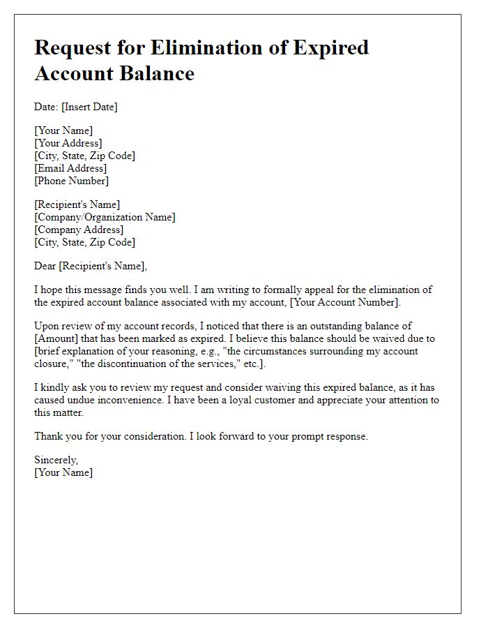 Letter template of appeal for elimination of expired account balance.