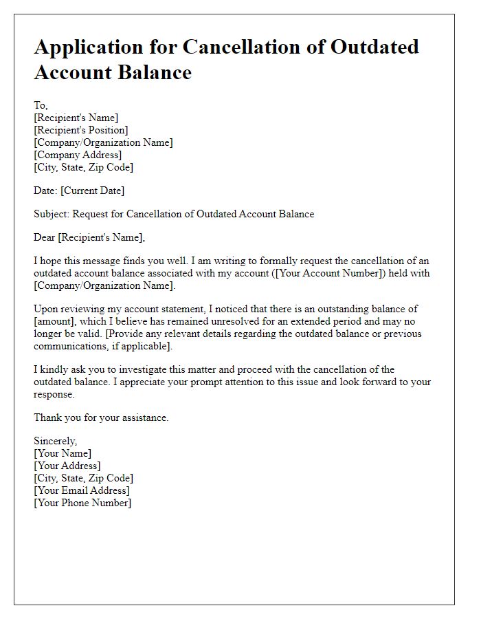 Letter template of application for cancellation of outdated account balance.