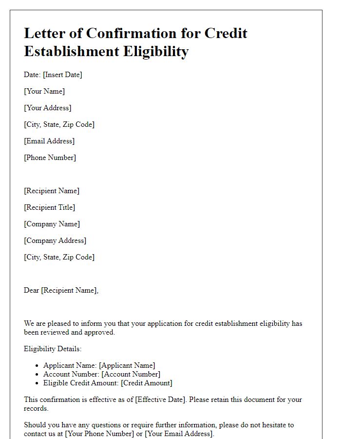 Letter template of confirmation for credit establishment eligibility.