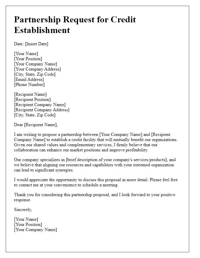 Letter template of credit establishment partnership request.