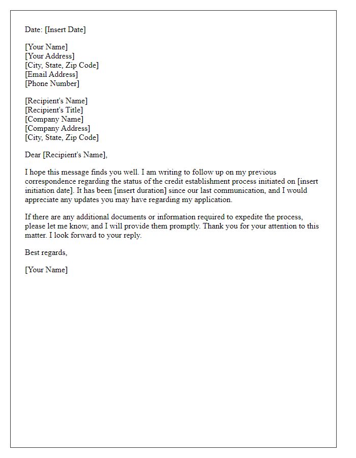 Letter template of follow-up on credit establishment status.