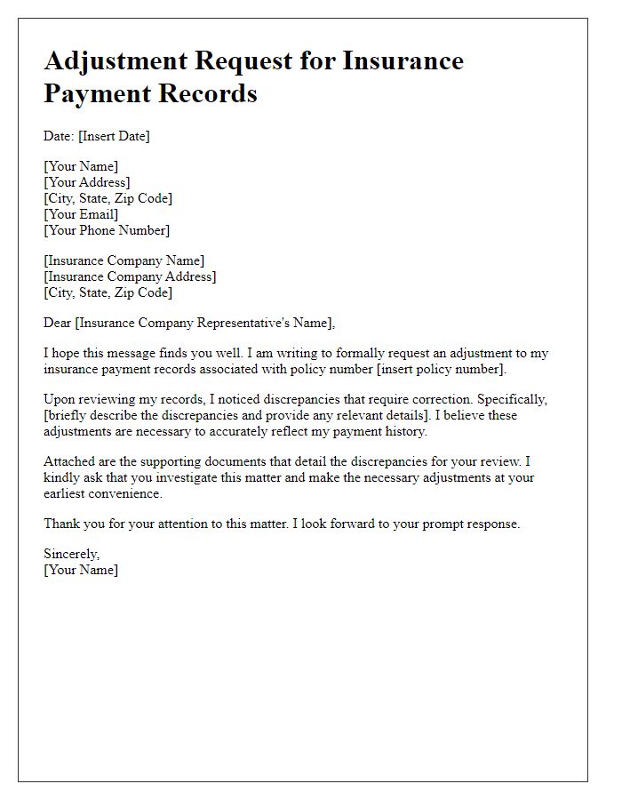 Letter template of adjustment request for insurance payment records