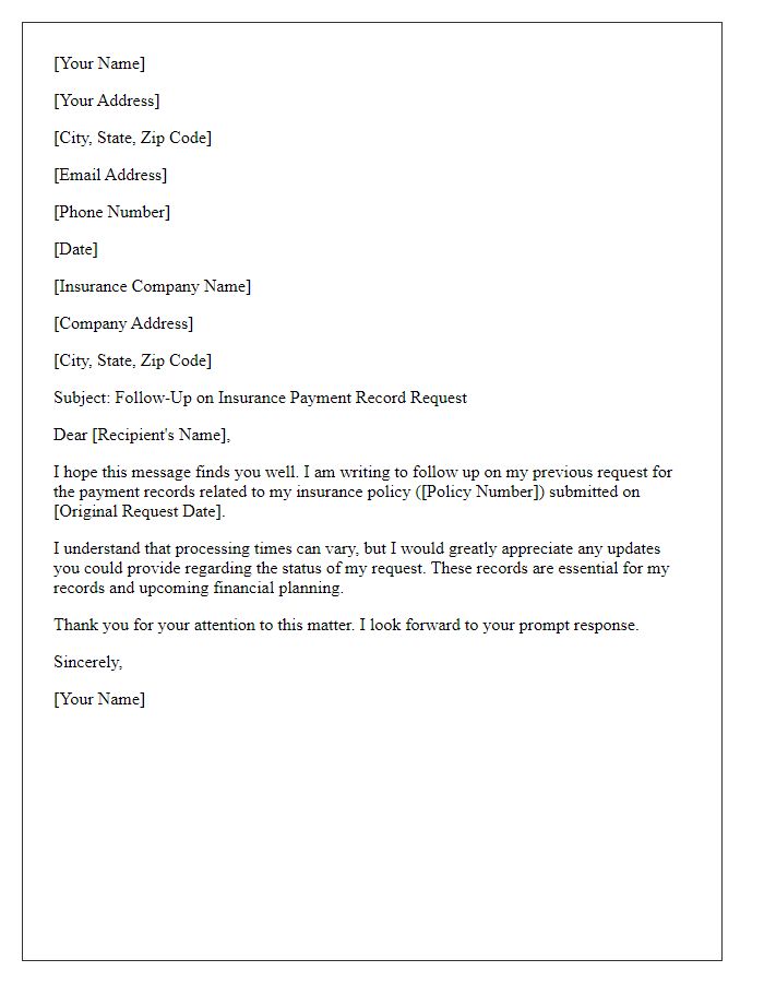 Letter template of follow-up on insurance payment record request