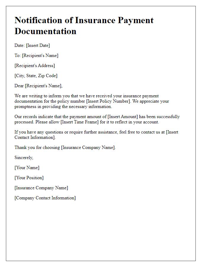 Letter template of notification for insurance payment documentation